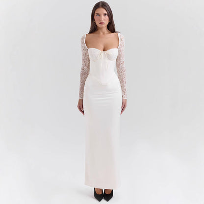 Women’s Evening Dress – Satin Bodycon Fit – Lace Long Sleeves – Sweetheart Bustier