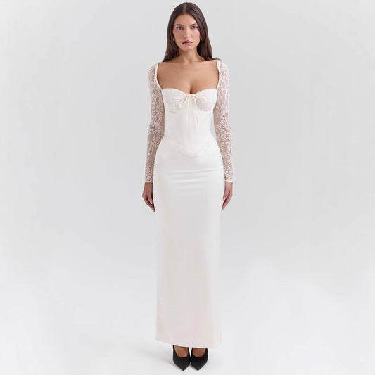 Satin Lace Long Sleeve Evening Dress