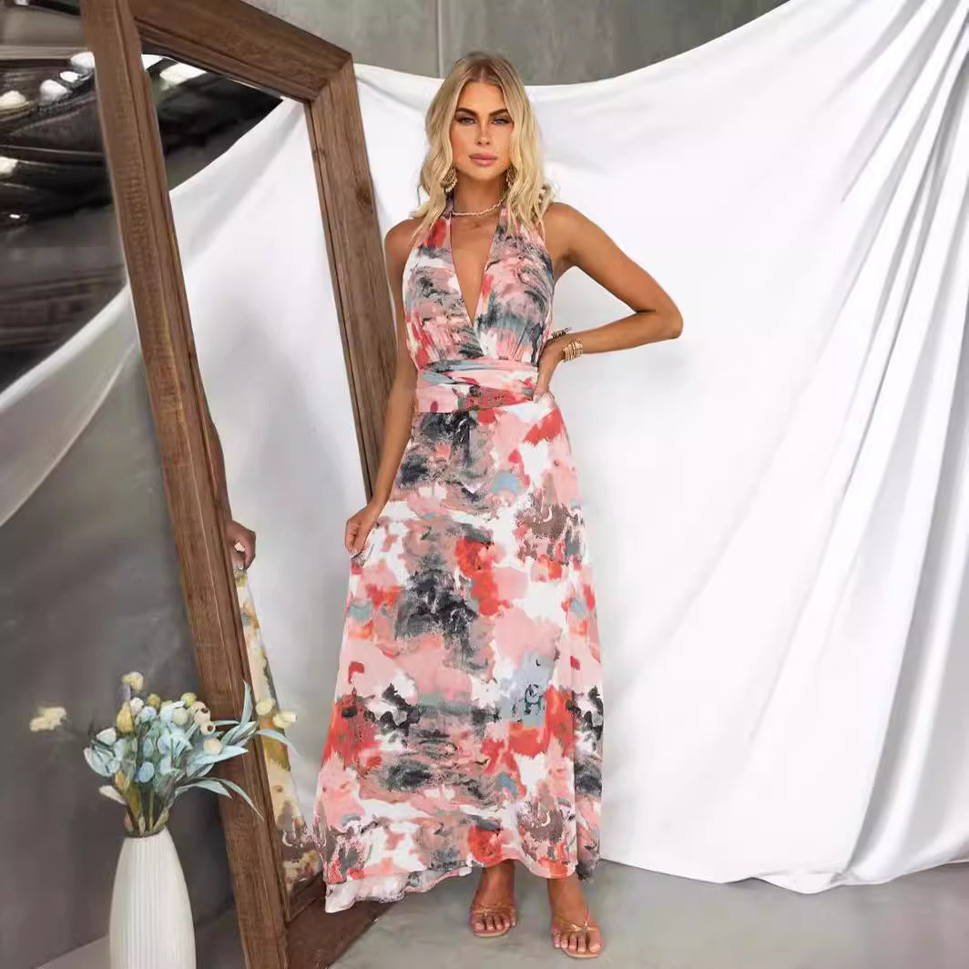 Women’s A-Line Dress – V-Neck – Tie Back – Open Back – Abstract Print – Floor Length