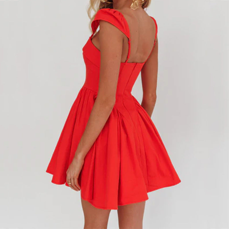 Women’s Sleeveless Mini Dress – Fitted Bodice – Pleated A-Line Skirt – Square Neckline