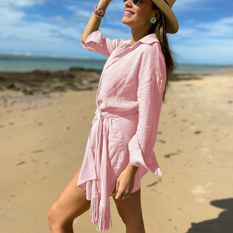 Women’s Wrap Dress – Lightweight Cotton Linen – Adjustable Fit – Long Sleeve Mini Length