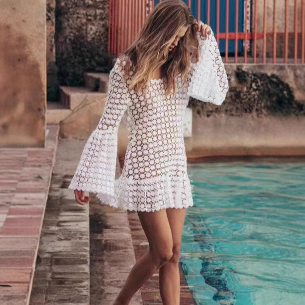 Crochet Flowy Bell Sleeve Cover-Up Dress