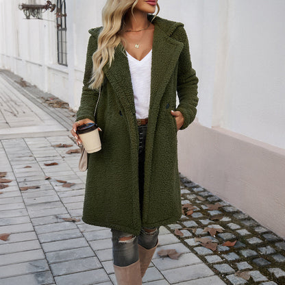 Women’s Knitted Coat – Loose Fit – Hooded – Textured Knit – Mid-Length Layering Piece