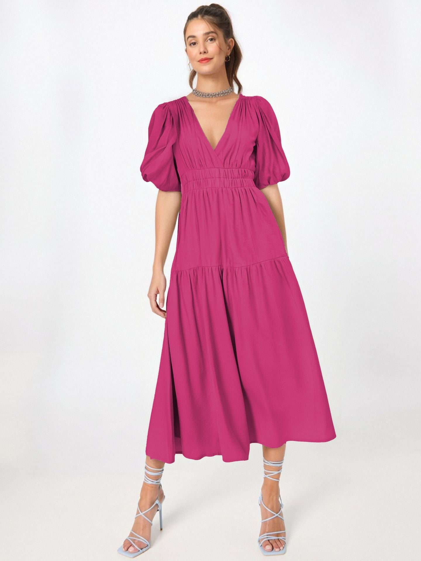 Women’s Midi Dress – Deep V-Neck – Puff Sleeves – Fitted Waist – Tiered Skirt