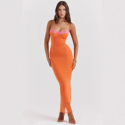 Women’s Maxi Dress – Slim Fit – Spaghetti Straps – Lace Trim – Sheer Hem