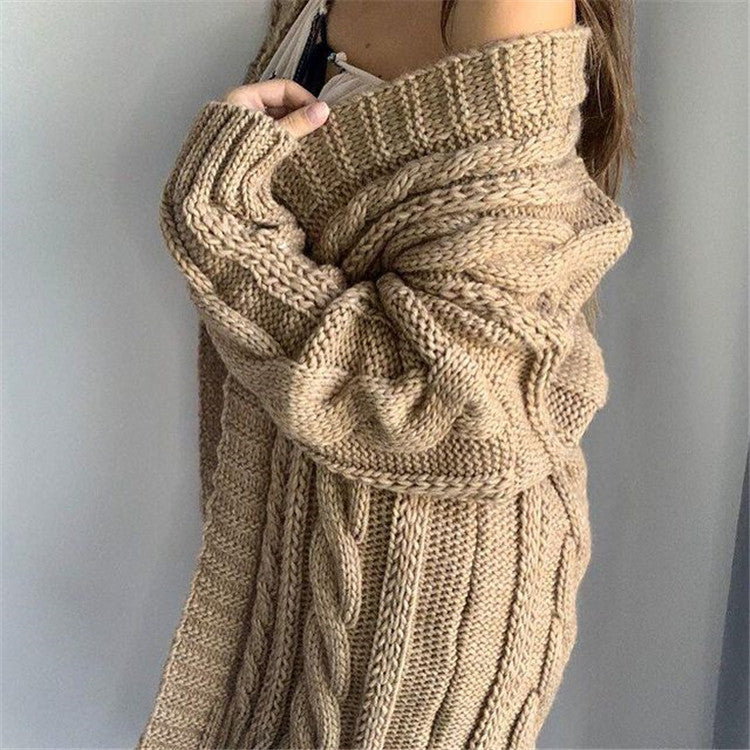Women’s Knitted Sweater – Oversized Fit – Wool Blend – Cable Knit – V-Neck – Long Sleeve