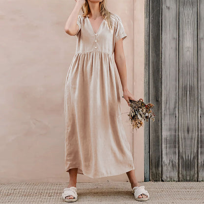Women’s Midi Dress – V-Neck Button Front – Loose Fit – Cotton Linen Blend