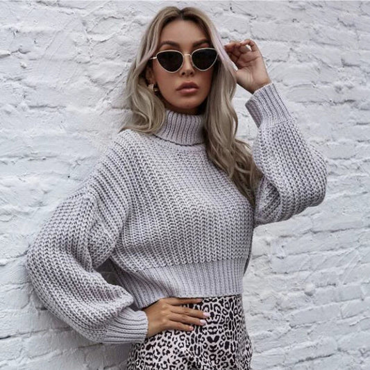 Wool Blend Cropped High Neck Sweater 
