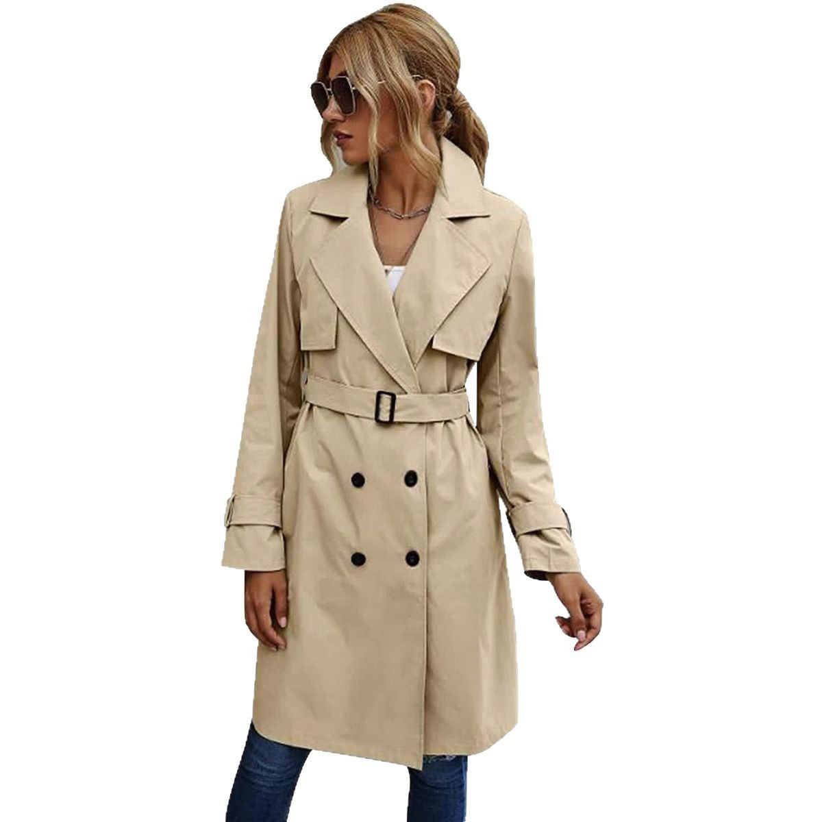Wool Blend Tailored Double-Breasted Long Coat 