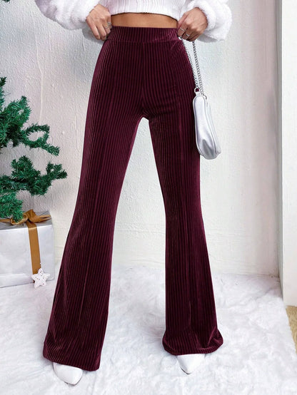 Women’s Flared Pants – High Waist – Ribbed Stretch Fabric – Wide Leg Floor Length