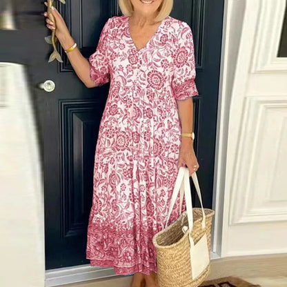 Women’s Maxi Dress - Floral Print - V-Neck - Flowy Three-Quarter Sleeve Casual Wear