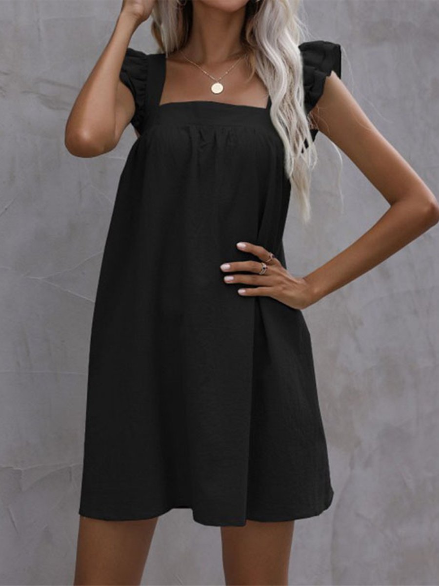 Women's A-Line Dress - Sleeveless Square Neck - Ruffled Straps - Flowy Lightweight Fit