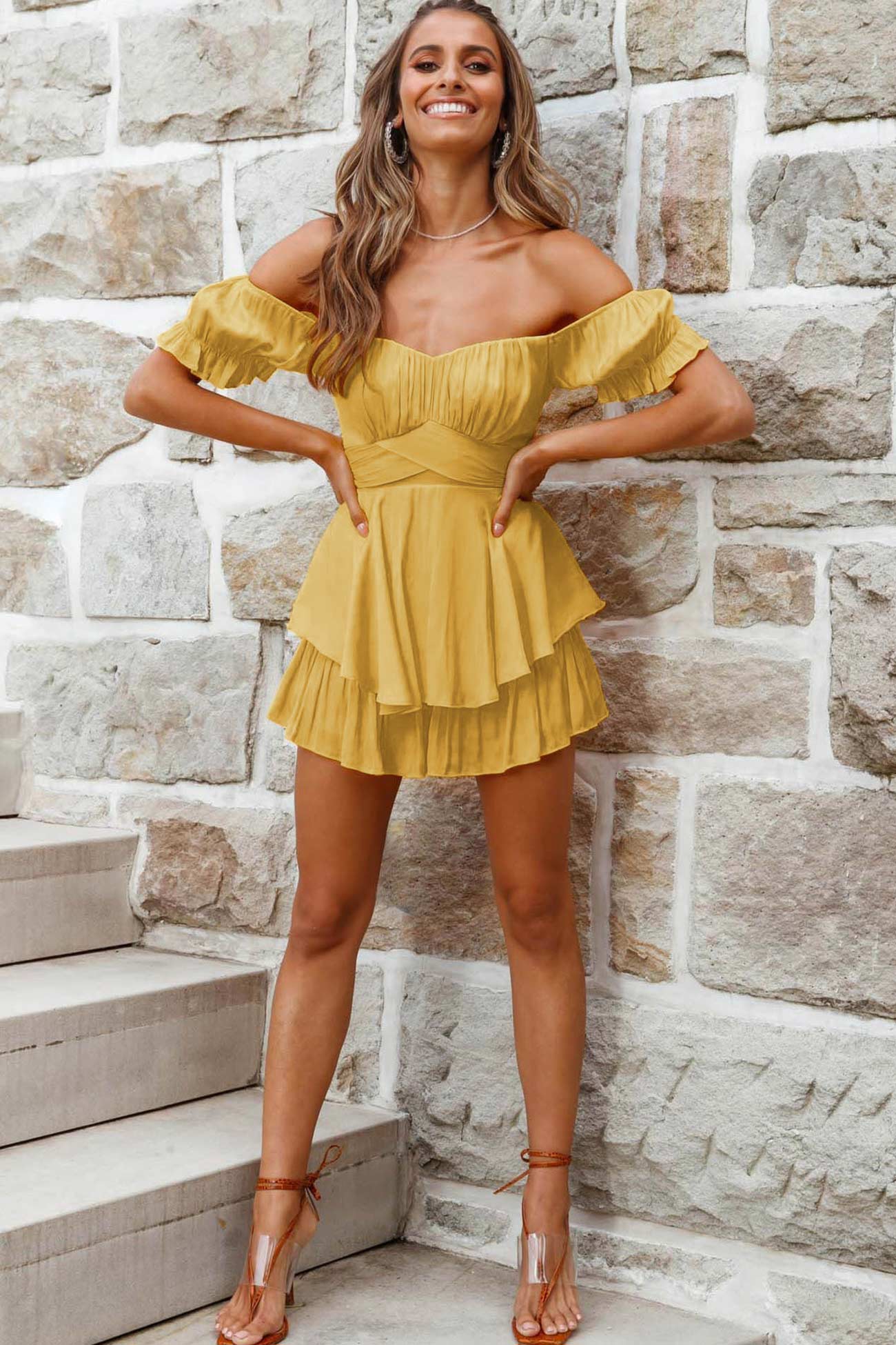 Women's Off-Shoulder Romper - Sweetheart Neckline - Puffy Sleeve Tiered Skirt