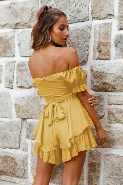 Women's Off-Shoulder Romper - Sweetheart Neckline - Puffy Sleeve Tiered Skirt