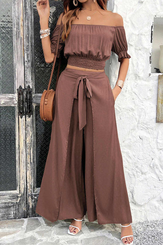 Off-Shoulder Crop Top and Tie-Up Pants Set