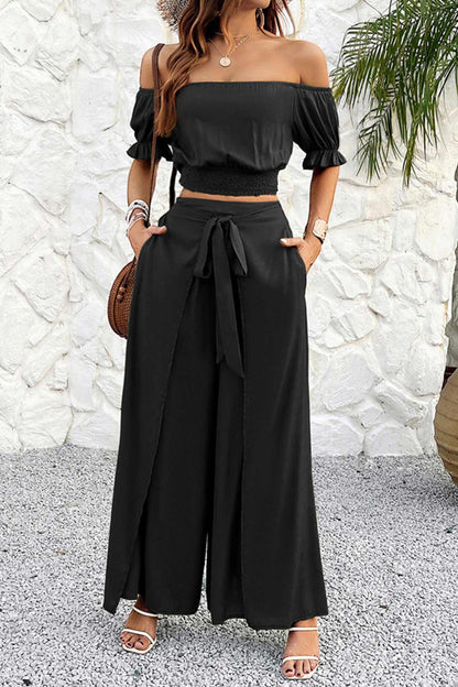Women's off-shoulder crop top and tie-up pants set