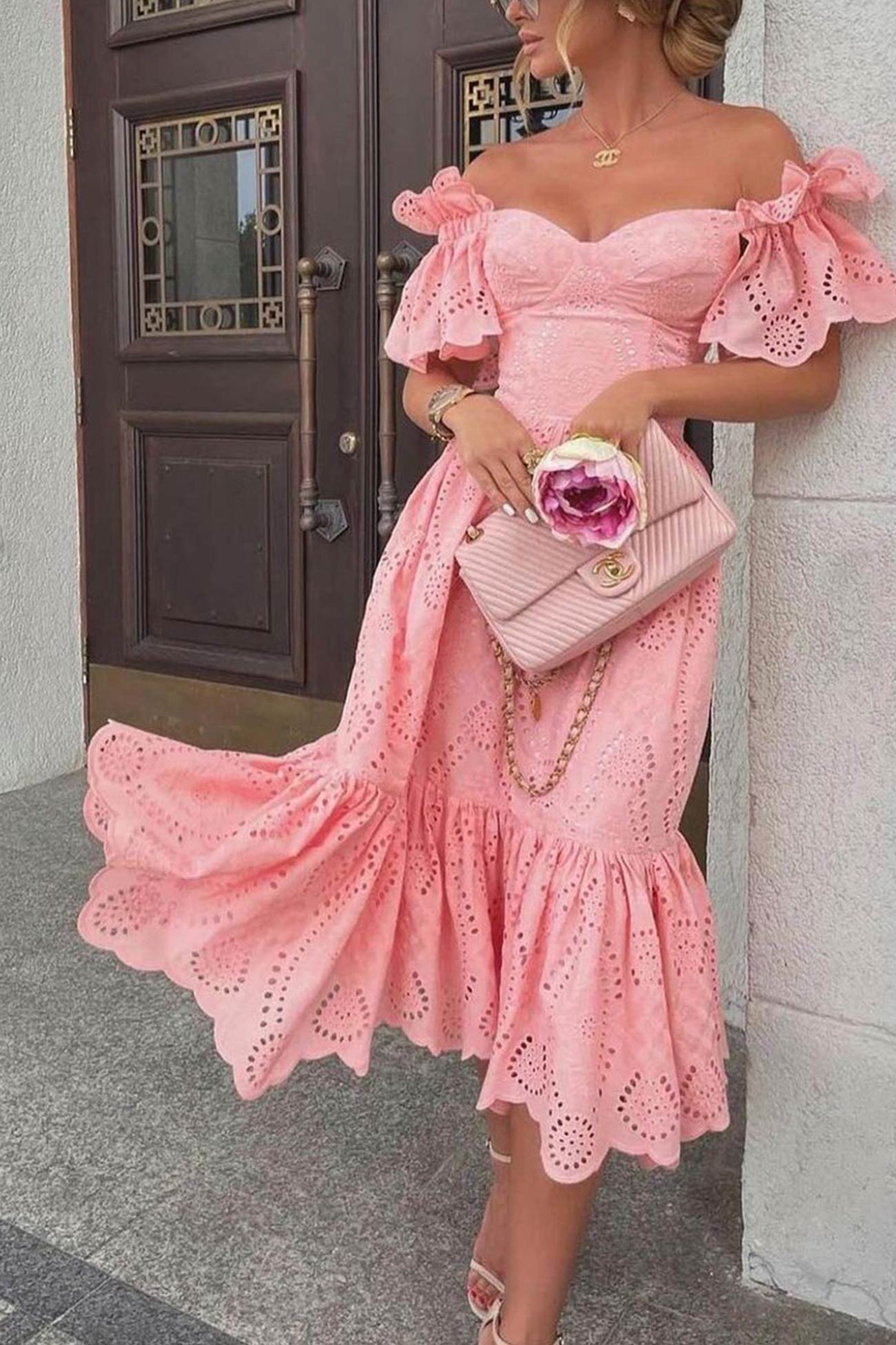 Women's Off-Shoulder Dress - Eyelet Lace - Puff Sleeve - Ruffle A-Line Midi