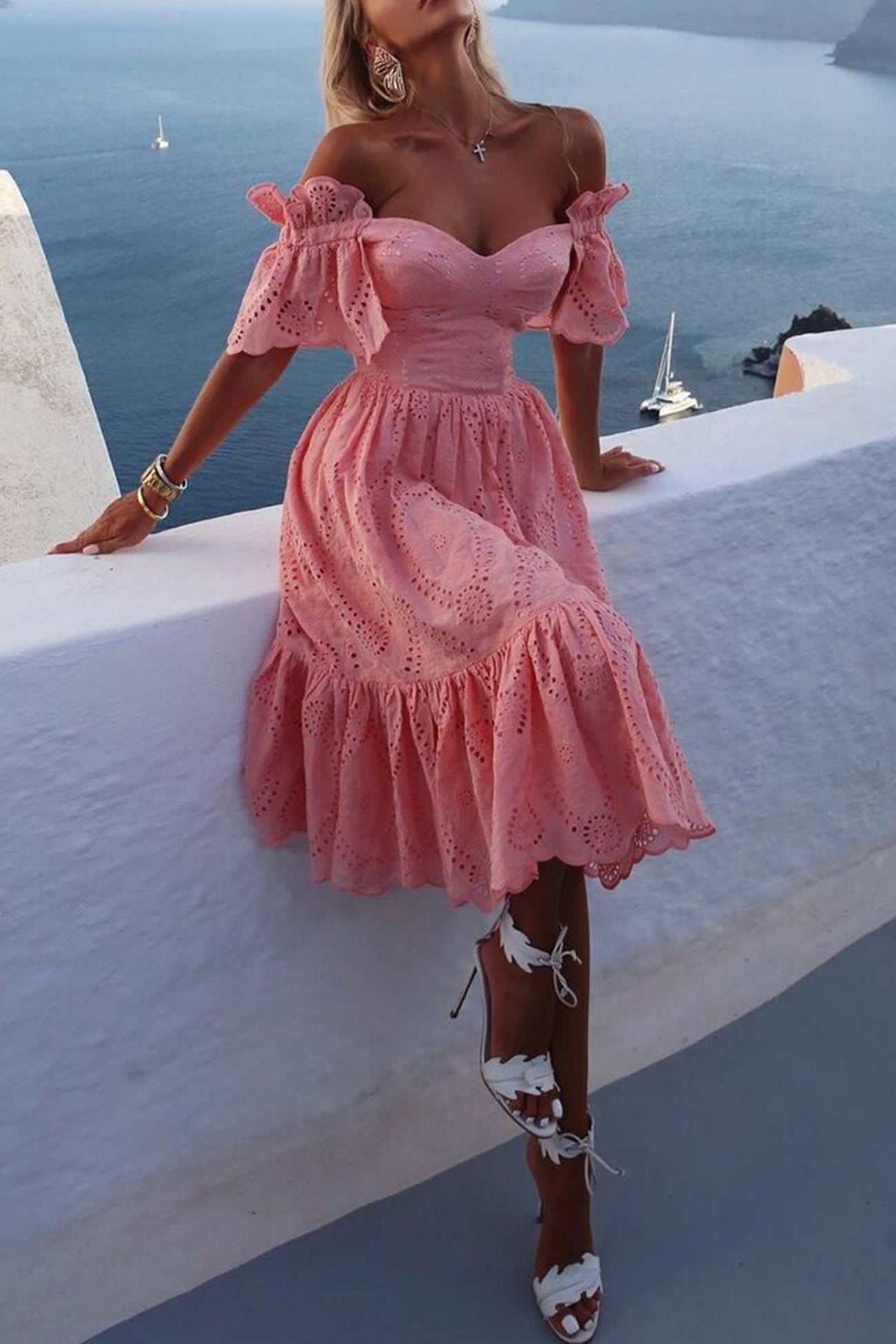 Women's Off-Shoulder Dress - Eyelet Lace - Puff Sleeve - Ruffle A-Line Midi