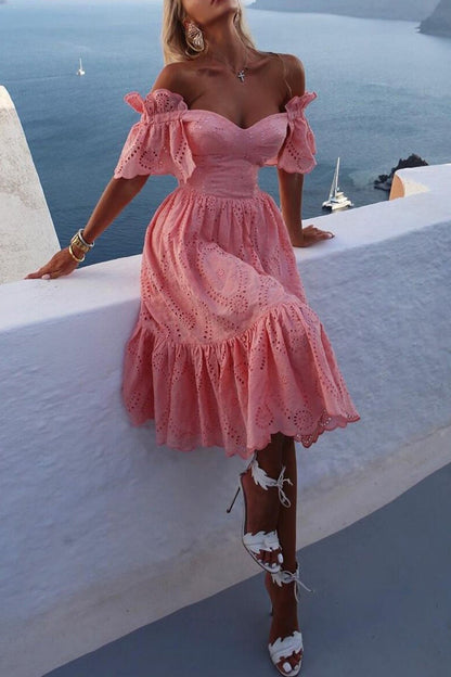 Women's Off-Shoulder Dress - Eyelet Lace - Puff Sleeve - Ruffle A-Line Midi