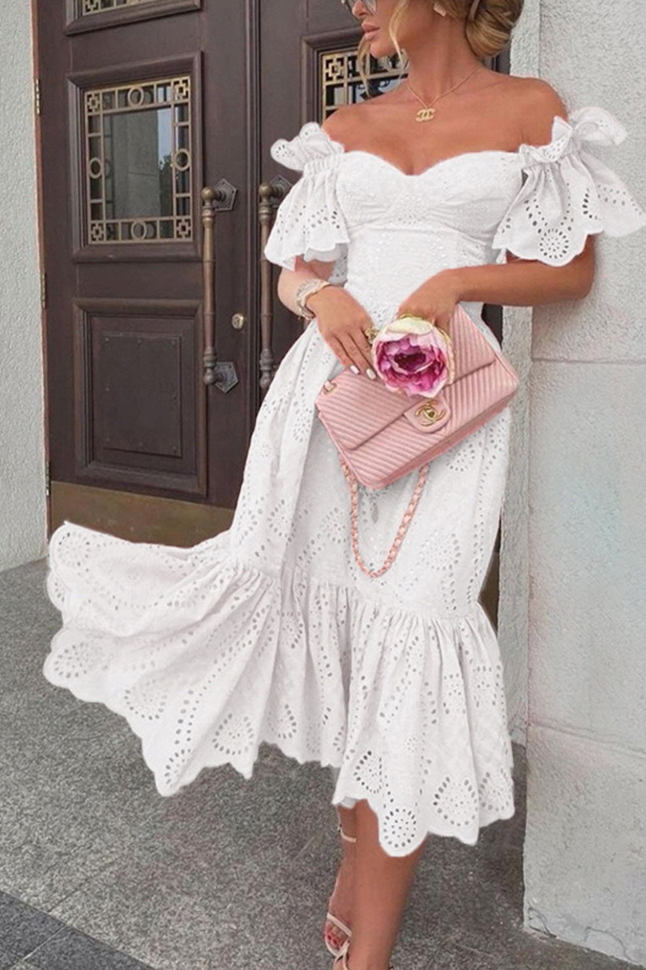 Women's Off-Shoulder Dress - Eyelet Lace - Puff Sleeve - Ruffle A-Line Midi
