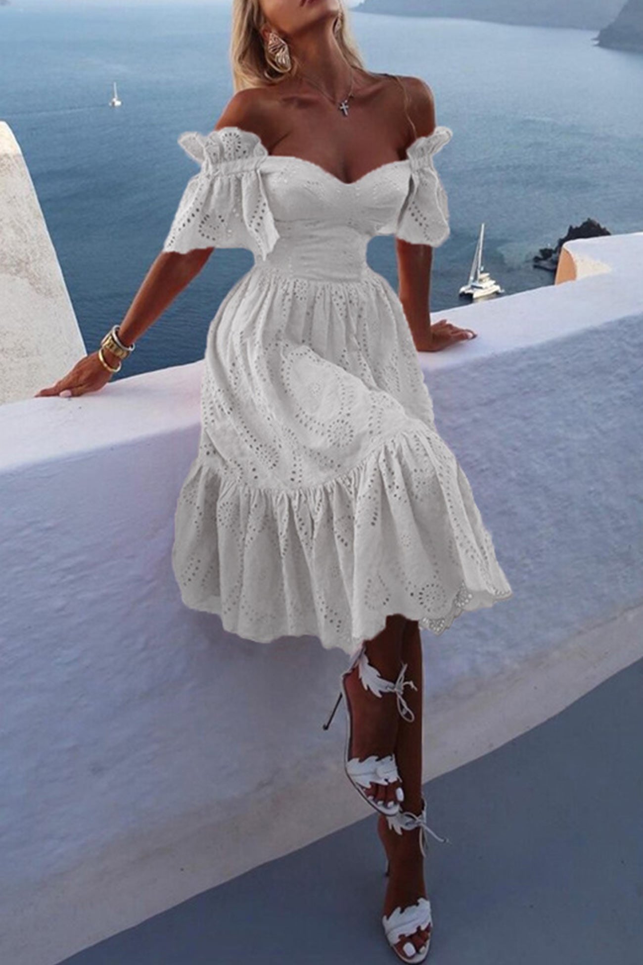 Women's Off-Shoulder Dress - Eyelet Lace - Puff Sleeve - Ruffle A-Line Midi
