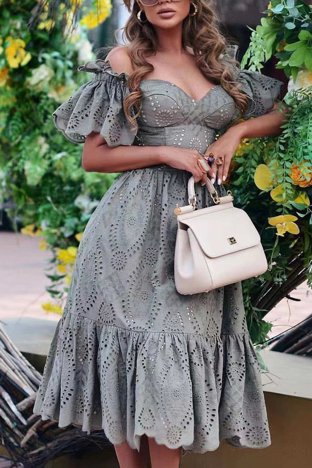 Women's Off-Shoulder Dress - Eyelet Lace - Puff Sleeve - Ruffle Detail - Midi Length
