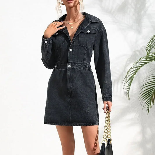 Fitted Waist Denim Button-Up Dress