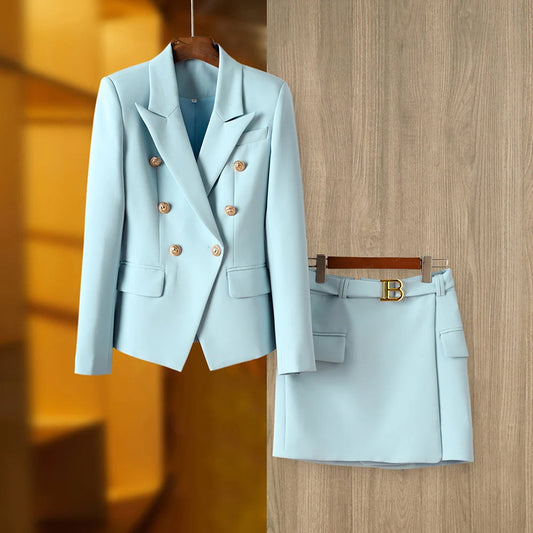 Tailored Gold Button Blazer Skirt Set