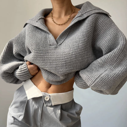 Women's knit loose balloon sleeve open-neck sweater