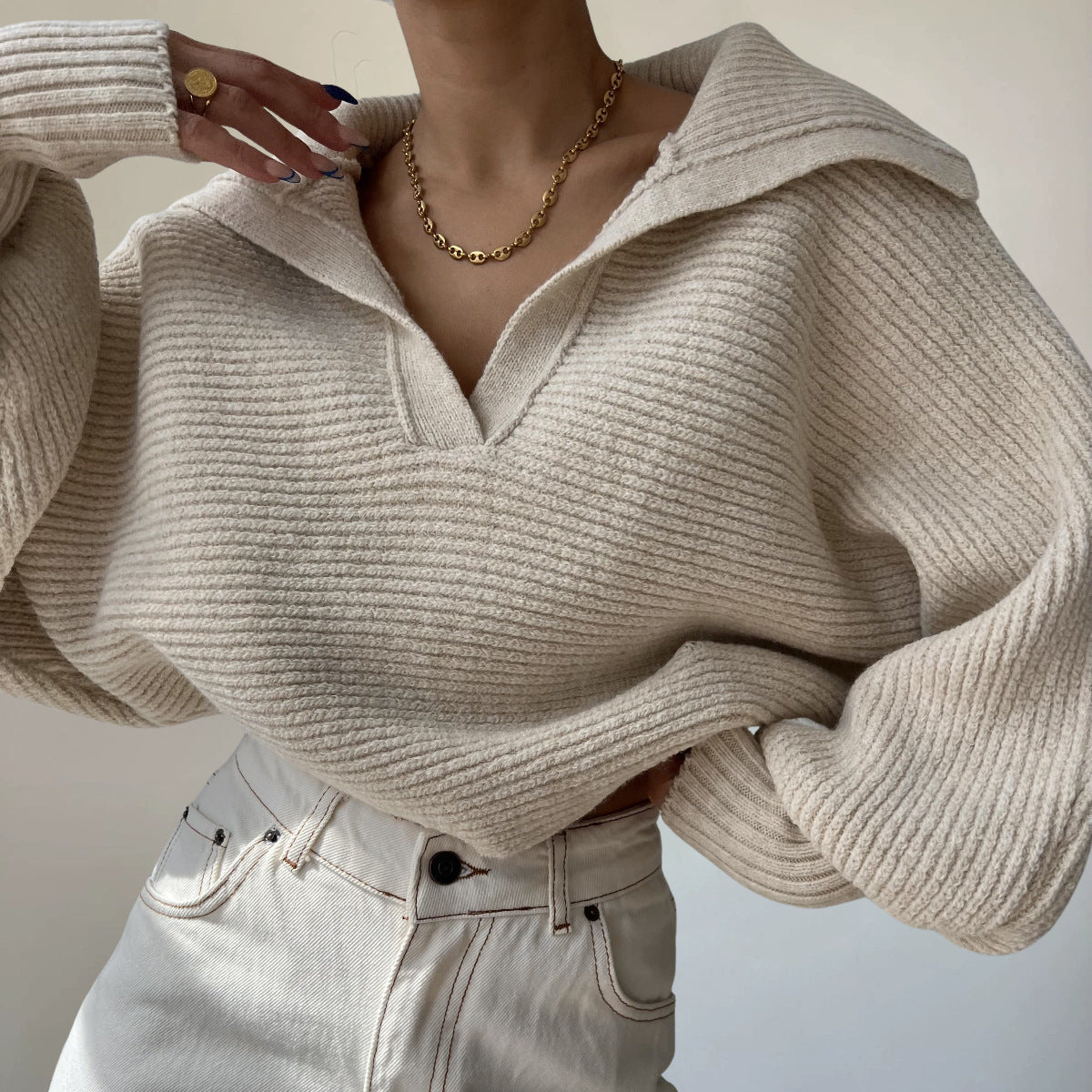 Women's knit loose balloon sleeve open-neck sweater