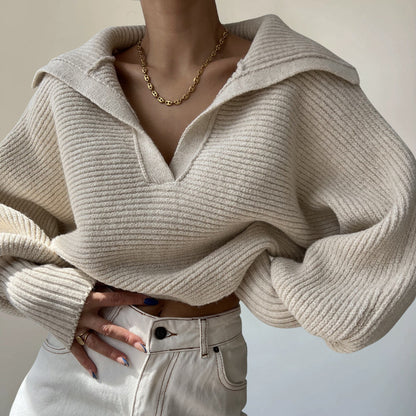 Women's knit loose balloon sleeve open-neck sweater