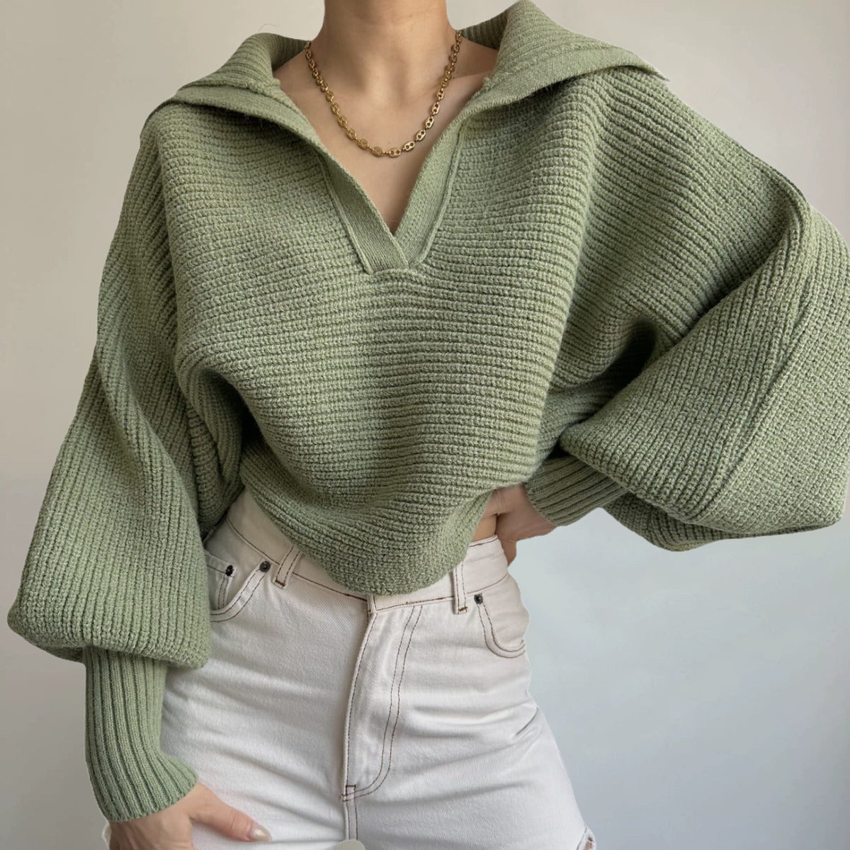 Women's knit loose balloon sleeve open-neck sweater