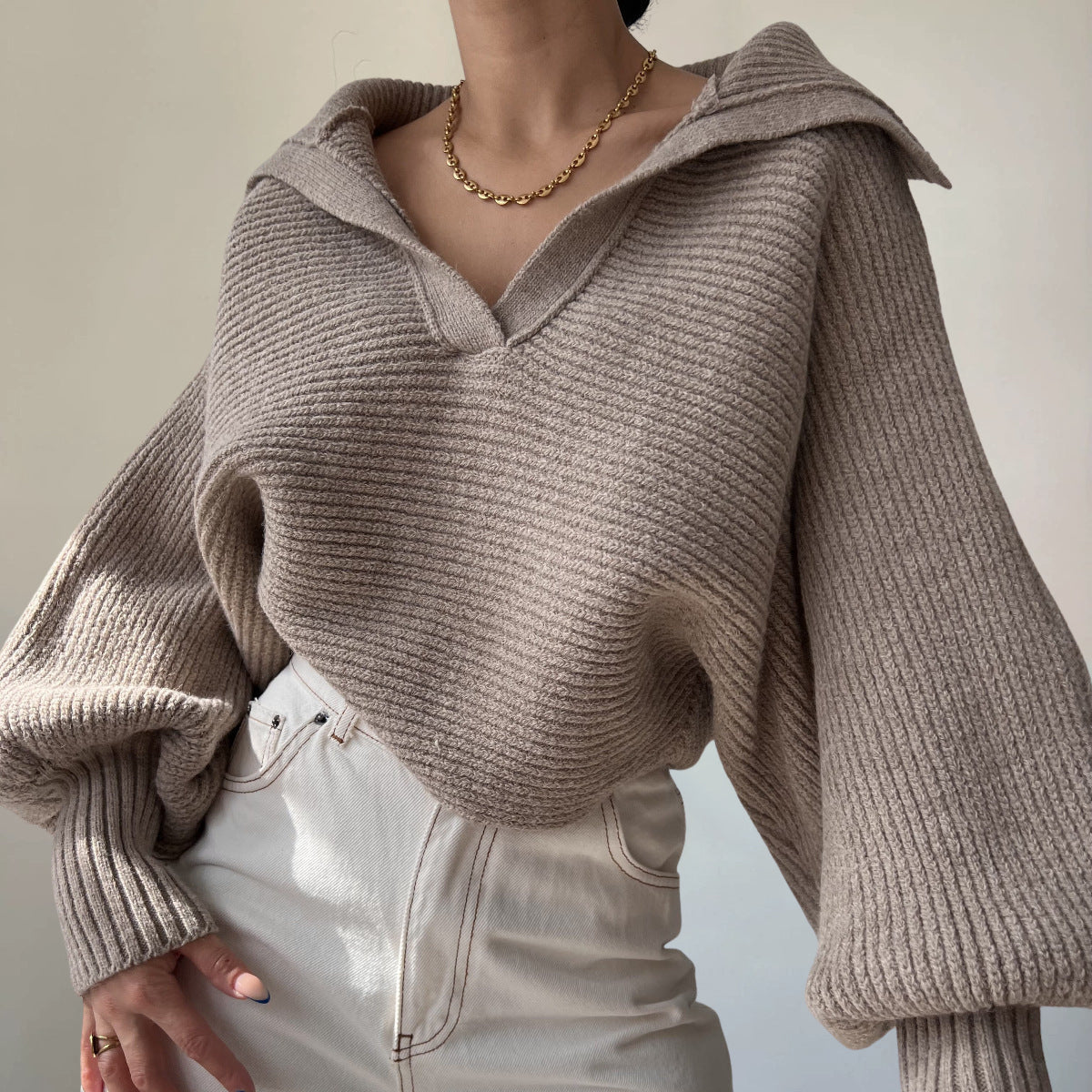 Women's knit loose balloon sleeve open-neck sweater