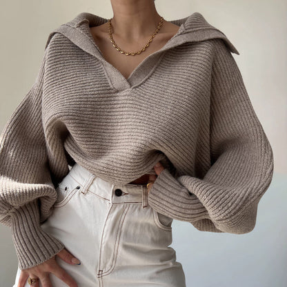 Women's knit loose balloon sleeve open-neck sweater