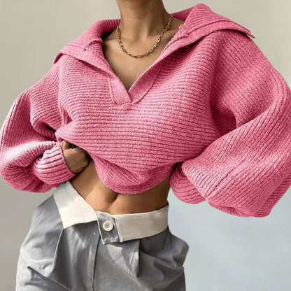 Women's knit loose balloon sleeve open-neck sweater