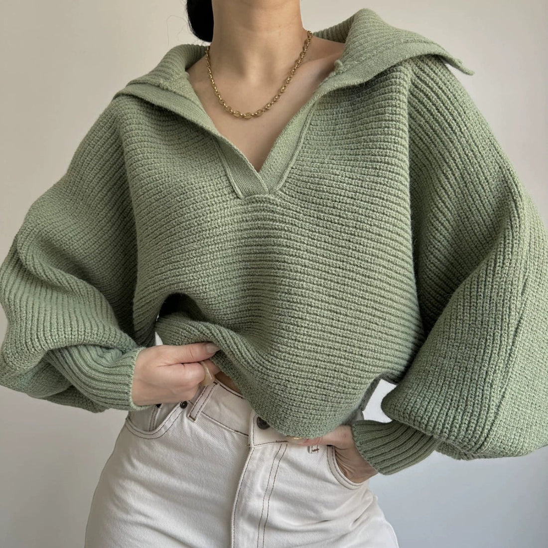 Women's knit loose balloon sleeve open-neck sweater