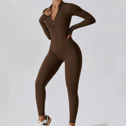 Women's Jumpsuit - Long Sleeve - High Neck - Front Zipper - Stretch Fit