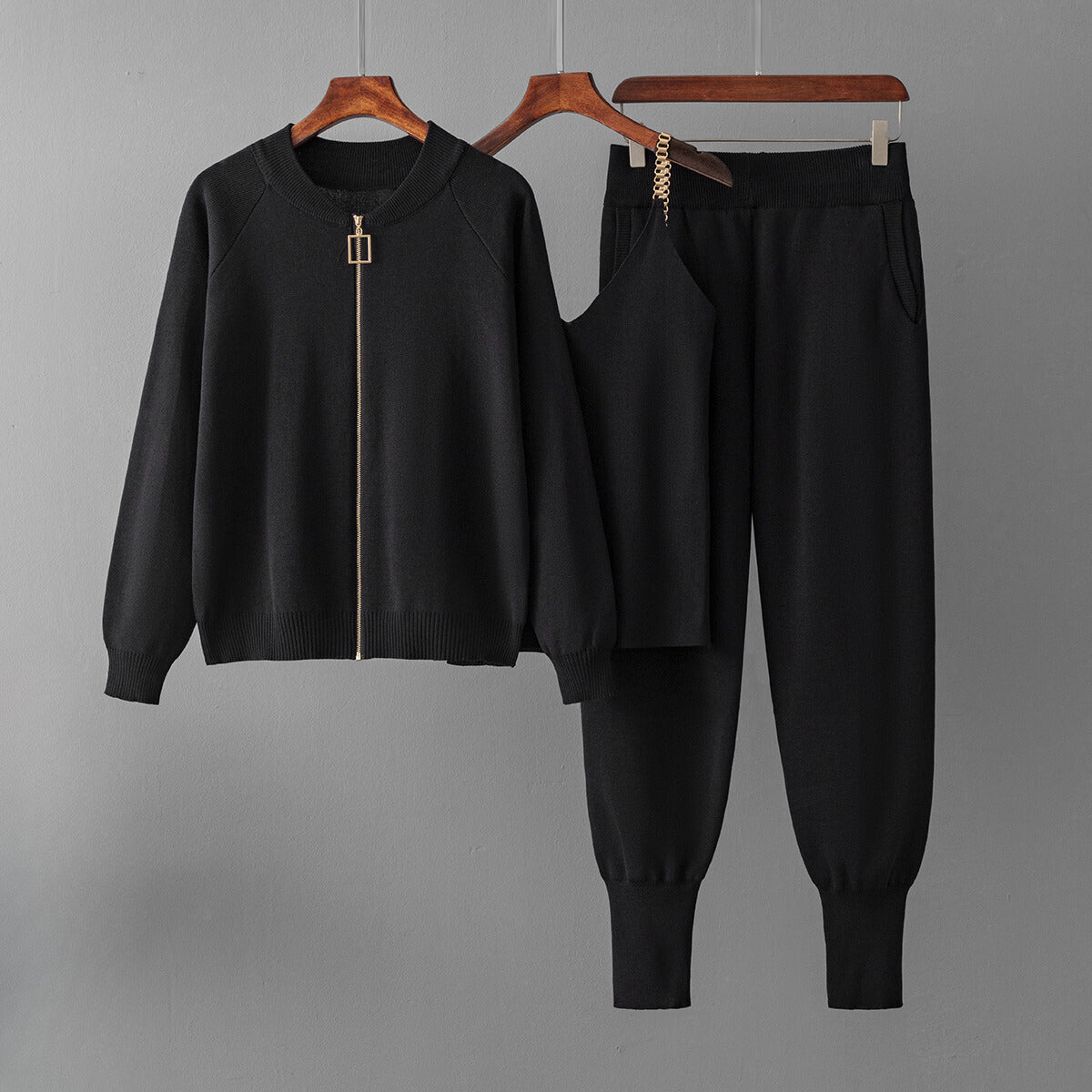 Women's knitted zip up jacket cami top and sweatpants lounge trio set