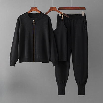 Women's knitted zip up jacket cami top and sweatpants lounge trio set