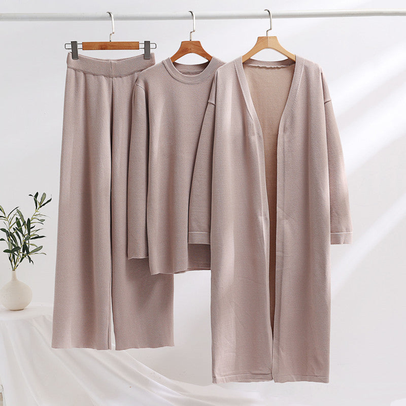 Women's loose-knit cardigan long sleeve top and wide leg trouser relax trio set