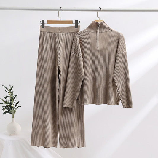 Knitted Zipper Drop Shoulder Sweater and Pants Set