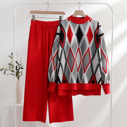 Women's Knit Sweater Set - Argyle Pattern - Crew Neck - Long Sleeve - Wide Leg Pants