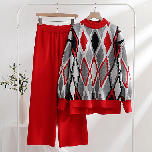 Argyle Pattern Knit Sweater Set Wide Leg