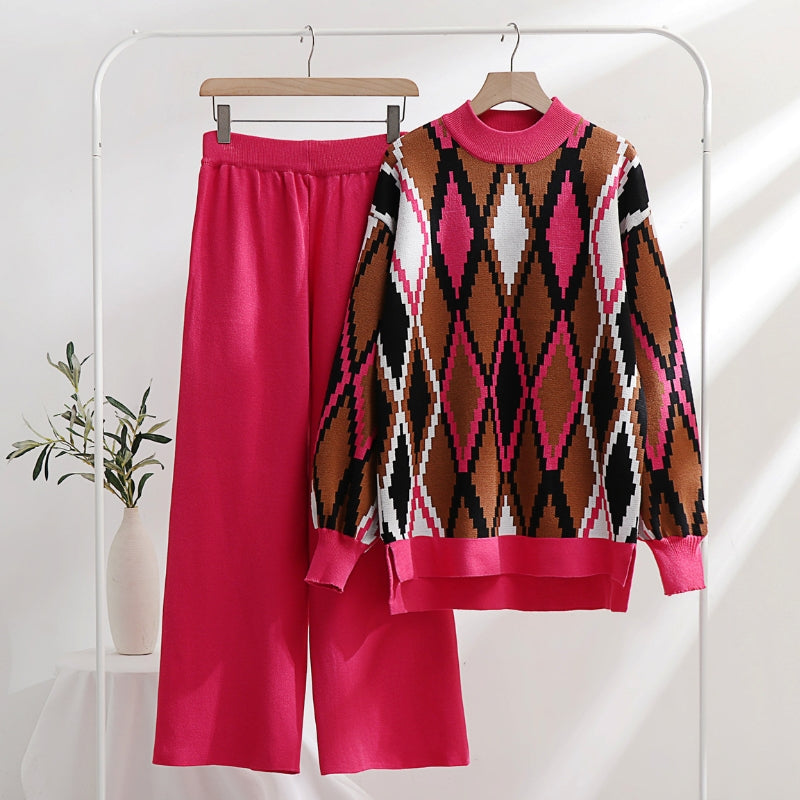 Women's Knit Sweater Set - Argyle Pattern - Crew Neck - Long Sleeve - Wide Leg Pants