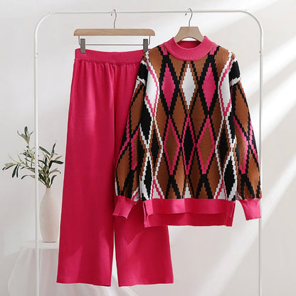 Women's Knit Sweater Set - Argyle Pattern - Crew Neck - Long Sleeve - Wide Leg Pants