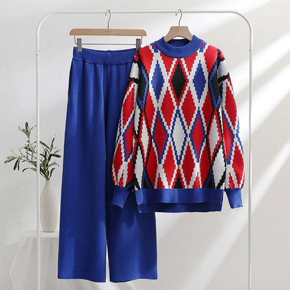 Women's Knit Sweater Set - Argyle Pattern - Crew Neck - Long Sleeve - Wide Leg Pants