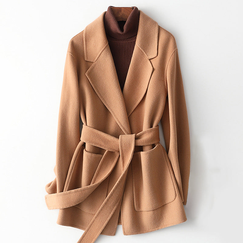 Women's Wool Coat - Tailored Fit - Belted Wrap Closure - Mid-Length Elegant Design