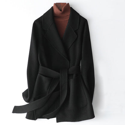 Women's Wool Coat - Tailored Fit - Belted Wrap Closure - Mid-Length Elegant Design