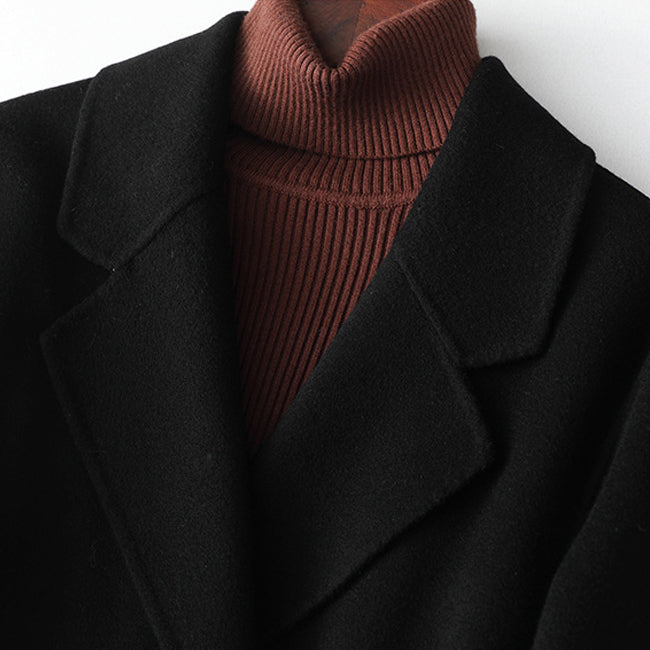 Women's Wool Coat - Tailored Fit - Belted Wrap Closure - Mid-Length Elegant Design