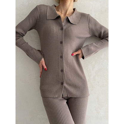 Women’s Knit Set – Ribbed Cardigan Top with Collared Neck – Matching Flared Pants